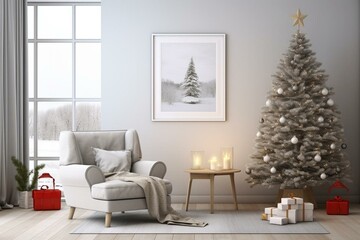 Christmas-themed living room with a mock-up poster frame. Realistic 3D rendering. Generative AI
