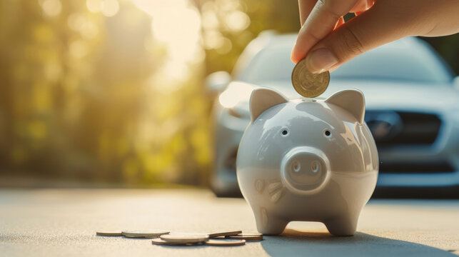 Piggy bank money box on a car background, vehicle purchase by credit, insurance or driving and motoring cost