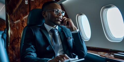 Successful young Afro American black businessman sitting in the chair of his private jet