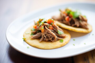 carnitas and black bean stuffed arepas on a white plate