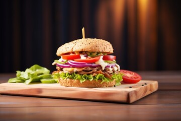 cheeseburger with lettuce, tomato, onions on wooden board