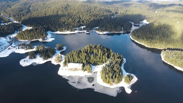 Aerial winter view of Shiroka polyana (Wide meadow) Reservoir, Pazardzhik Region, Bulgaria