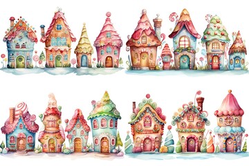 Obraz premium watercolor cartoon illustration collection set, candy house lollipops and sweets, isolated on white background, idea for sticker and junk journal clipart, Generative A
