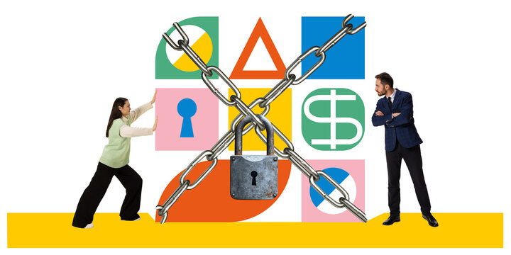 Contemporary art collage. Two professionals and a padlocked chain across financial symbols, representing access control. Concept of cybersecurity firms, protecting financial data. Ad