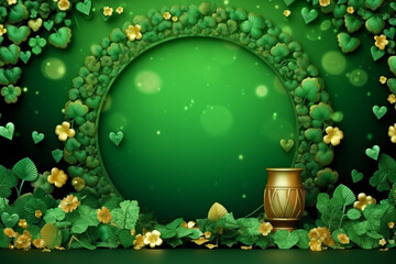 Banner consisting from traditional species shamrock in leaves for celebration holiday st Patrick's day, Ai generated - obrazy, fototapety, plakaty