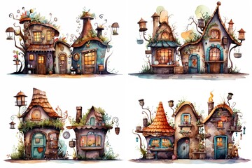 Obraz premium watercolor cartoon illustration collection set, cute street coffee shop, isolated on white background, idea for sticker and junk journal clipart, Generative A
