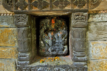 Stone Ganesh idol, Tripura Sundri Hindu Temple, Naggar, Kullu, Himachal Pradesh, India, Asia