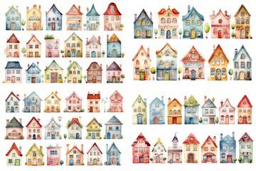 watercolor cartoon illustration collection set, fairytale garden house, isolated on white background, idea for sticker and junk journal clipart, Generative A