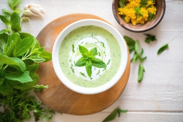 green pea detox soup with yogurt swirl, mint leaves scattered