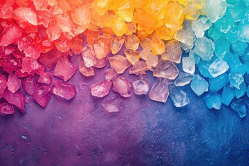 colorful ice pieces close up background, Melting ice chunks with a transparent quality, arranged on a gradient pastel surface that enhances their vivid colors space - obrazy, fototapety, plakaty