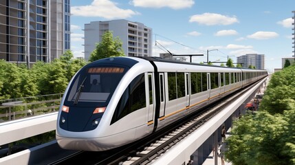 Naklejka premium Futuristic green hydrogen-powered train, clean electricity for sustainable buildings, banner