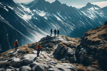 Generate an illustrative representation through generative AI, showcasing the concept of teamwork, where one person assists their friend in reaching the summit of a mountain  