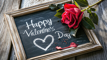 Happy Valentine's Day Message with Pink Rose, A charming Happy Valentine's Day chalkboard message adorned with a beautiful pink rose on a rustic wooden background.