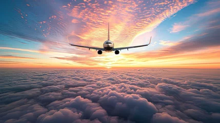 Fotobehang Airplane Flying Above Clouds at Sunset.A commercial airplane in flight above a sea of clouds, with the warm glow of the sunset illuminating the sky. © Kowit