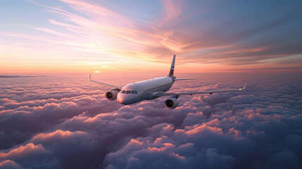 Airplane Flying Above Clouds at Sunset.A commercial airplane in flight above a sea of clouds, with the warm glow of the sunset illuminating the sky. - obrazy, fototapety, plakaty