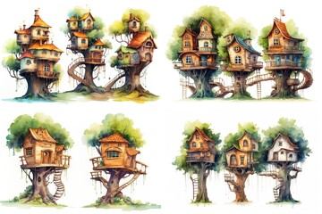 Fototapeta na wymiar watercolor cartoon illustration collection set, cute treehouse in garden, isolated on white background, idea for sticker and junk journal clipart, Generative A