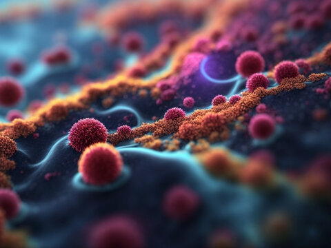 Close-up Of One Bacterial Cell Background. Influenza Virus Covid-19. Coronavirus 3d Illustration.
