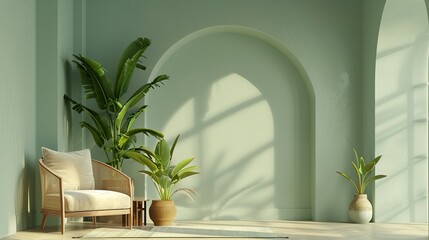 Fototapeta premium a modern living room with neutral color tones and a green plant, in the style of pastel gothic, matte background, arched doorways, soft pastel tones, texture-based, light brown and cyan