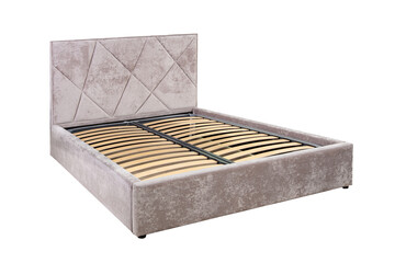 Brown double bed with wooden base without mattress.