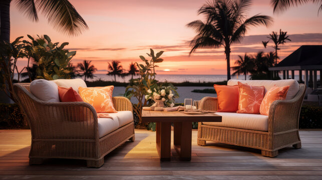 stylish patio furniture with peach  coloured cushions and tropical peach sunset behind
