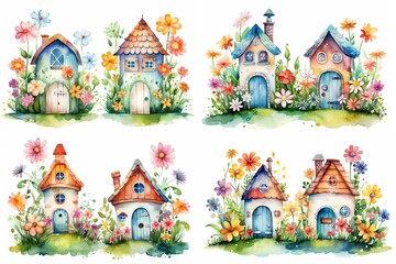 watercolor cartoon illustration collection set, fairytale flower house, small village, isolated on white background, idea for sticker and junk journal clipart, Generative Ai