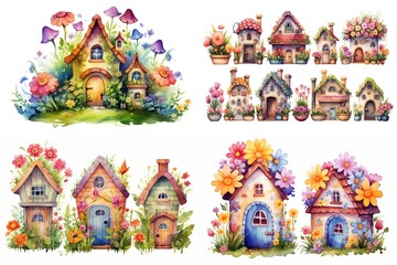 Fototapeta na wymiar watercolor cartoon illustration collection set, fairytale flower house, small village, isolated on white background, idea for sticker and junk journal clipart, Generative Ai
