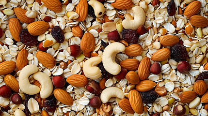 Fototapeta premium A mixture of nuts, muesli, nutritious food. Background with the texture of a mixture of nuts.