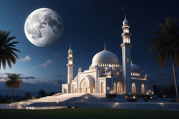 Fototapeta na wymiar the atmosphere of the mosque at night and the moon