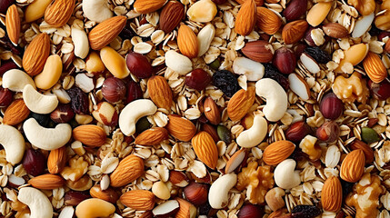 Fototapeta premium A mixture of nuts, muesli, nutritious food. Background with the texture of a mixture of nuts.