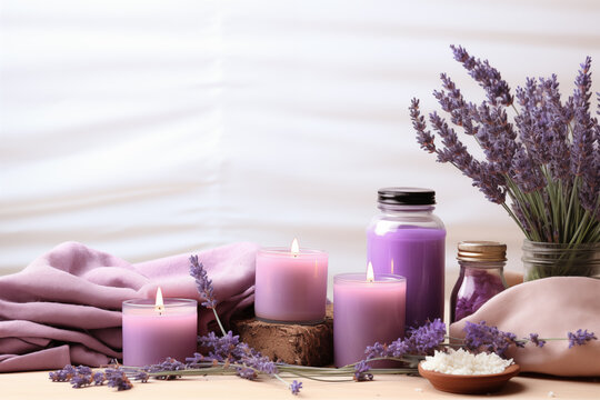 table with plates and candles decorated with lavender flowers. Purple aroma lavender candles on wooden table