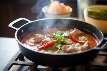 sizzling rogan josh in a traditional karahi pan