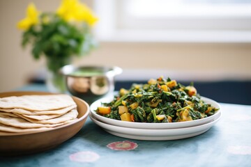 plate of saag aloo beside a stack of chapatis