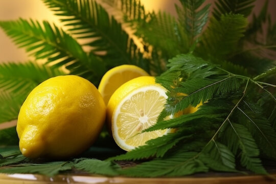 Banner consisting from traditional species lemon with leaves for celebration holiday sukkot, Ai generated
