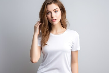 Fototapeta premium Woman in White Tshirt Mockup created with Generative AI