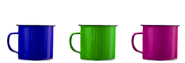 Canecas de metal esmaltada em cores, verde, azul e roxa. 