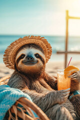 sloth with a cocktail on the beach. - obrazy, fototapety, plakaty