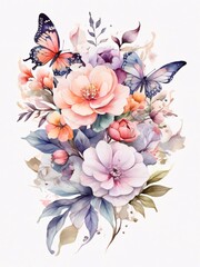 watercolor of colorful flowers and butterflies facing forward.