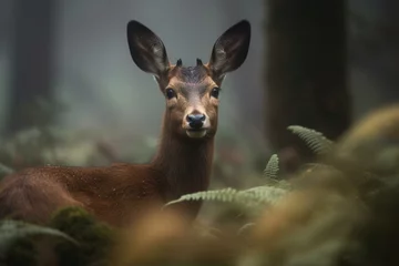 Foto op Plexiglas Curious roe deer roebuck with ears up in misty woodlands. Generative AI © Aida