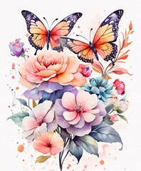 Obraz premium watercolor of colorful flowers and butterflies facing forward.