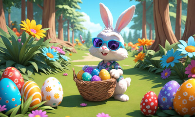 Easter bunny hides colorful eggs in the forest clearing, around him are bushes and trees, many colorful flowers, magic mushrooms and butterflies