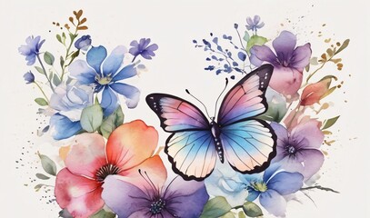 watercolor of colorful flowers and butterflies facing forward.