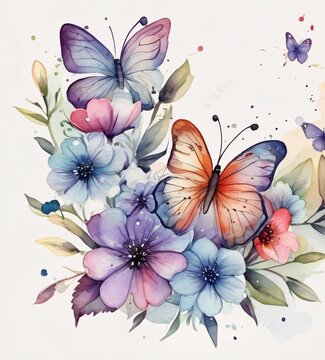 Fototapeta watercolor of colorful flowers and butterflies facing forward.