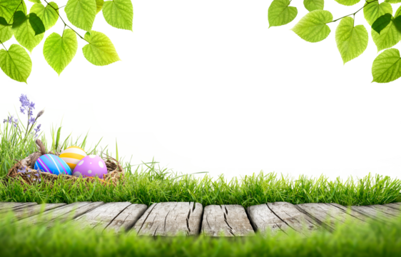 A blank template of three painted easter eggs in a birds nest celebrating a Happy Easter with a wooden bench to place products on with green grass and tree leaves on a transparent background - Powered by Adobe