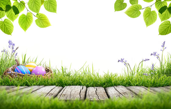 A blank template of three painted easter eggs in a birds nest celebrating a Happy Easter with a wooden bench to place products on with green grass and tree leaves on a transparent background