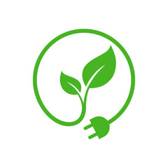 Green leaf with plug electric icon. Renewable power and clean energy icon. Eco Friendly charging symbol.