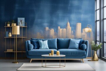 Blue wallpaper and sofa, wooden palette bookshelf, gold lamp and table, plant vase, carpet, city view background. Generative AI