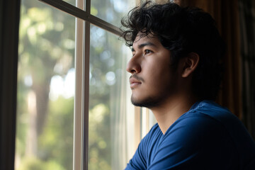 Um garoto venezuelano pensando olhando pela janela 