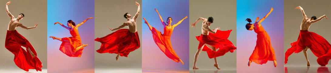 Collage. Muscular talented young man and beautiful artistic young woman, ballet dancer making...