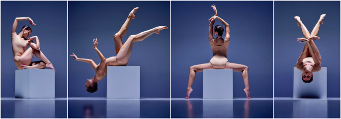 Collage. Elegant, tender, beautiful young woman, ballerina in beige bodysuit posing, showing ballet...