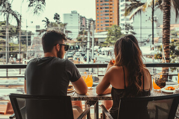 Casal comendo em um restaurante na área externa no Brasil  - obrazy, fototapety, plakaty